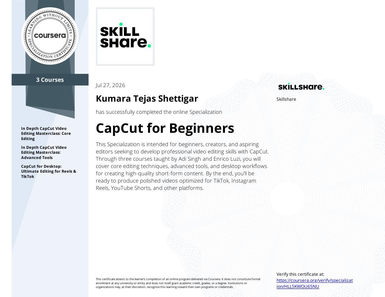 CapCut for Beginners specialization certificate