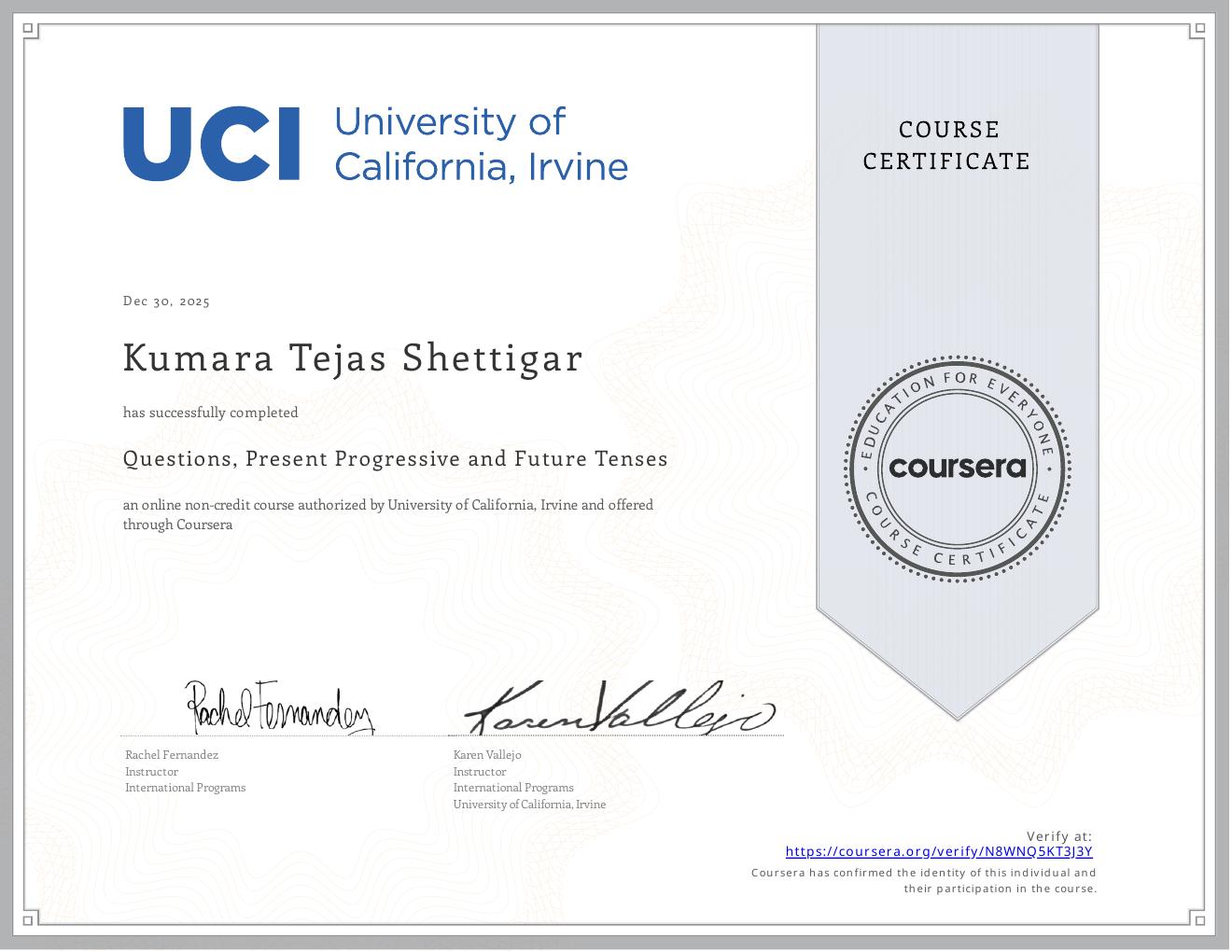 University of California Irvine course certificate