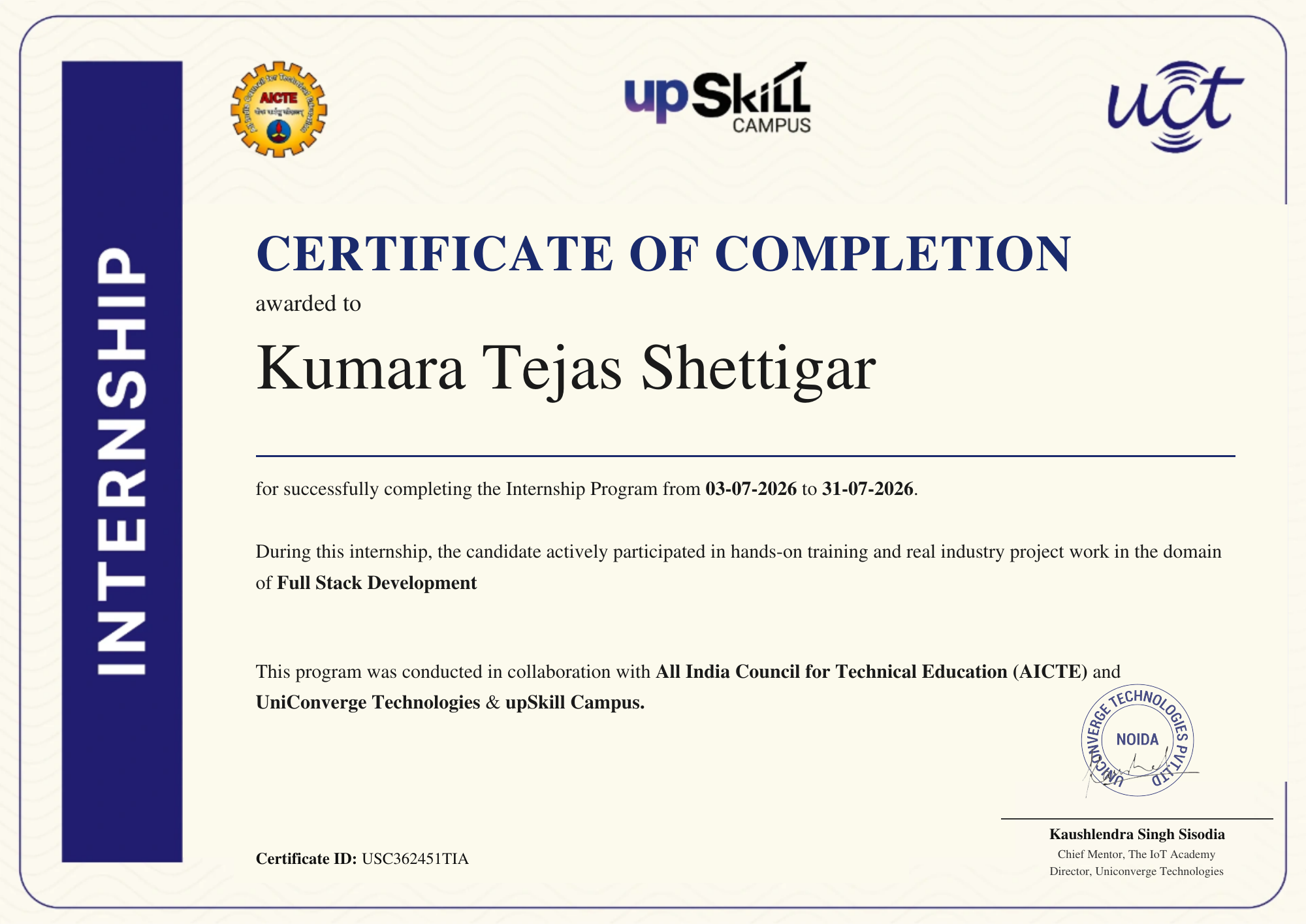 Full Stack Development internship completion certificate